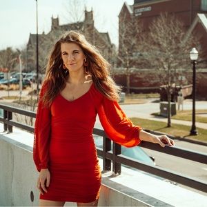 ZESICA Women's Sexy V Neck Ruched Bodycon Mini Dress Puff Long Sleeve